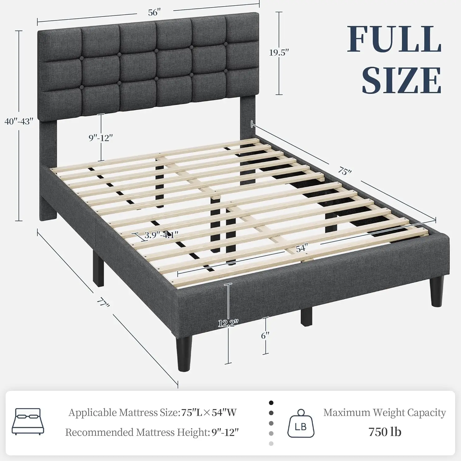 Upholstered Bed Frame, Modern Full Bed Platform with Square Tufting Headboard Height Adjustable,