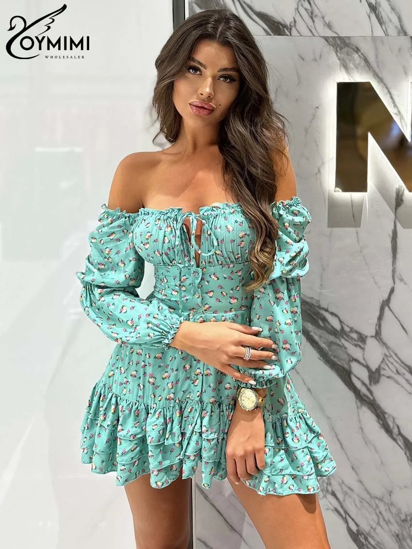 Oymimi Fashion Green Print Women\'s Dress Elegant Slash Neck Lace-Up Wrist Sleeve Dresses Summer Autumn High Waist Pleated Dress