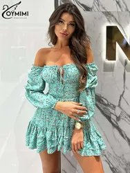 Oymimi Fashion Green Print Women's Dress Elegant Slash Neck Lace-Up Wrist Sleeve Dresses Summer Autumn High Waist Pleated Dress