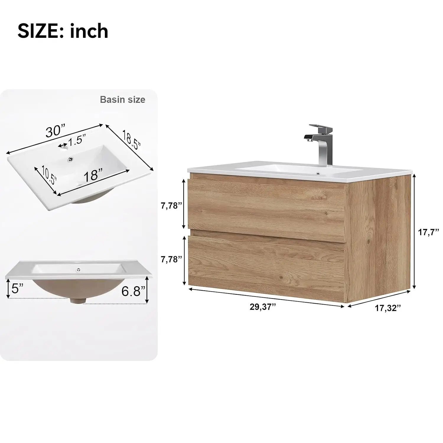 Floating Bathroom Vanity with Sink Wall Mounted Cabinet with 2 Soft-Close Drawers, Moisture-Resistant MDF, Customized