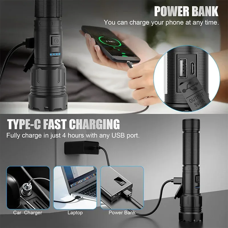 مصباح يدوي من الألومنيوم عالي الطاقة مع ضوء جانبي، شعلة قابلة لإعادة الشحن عبر USB مع فانوس مغناطيسي قابل للتكبير لإمدادات الطوارئ للتخييم