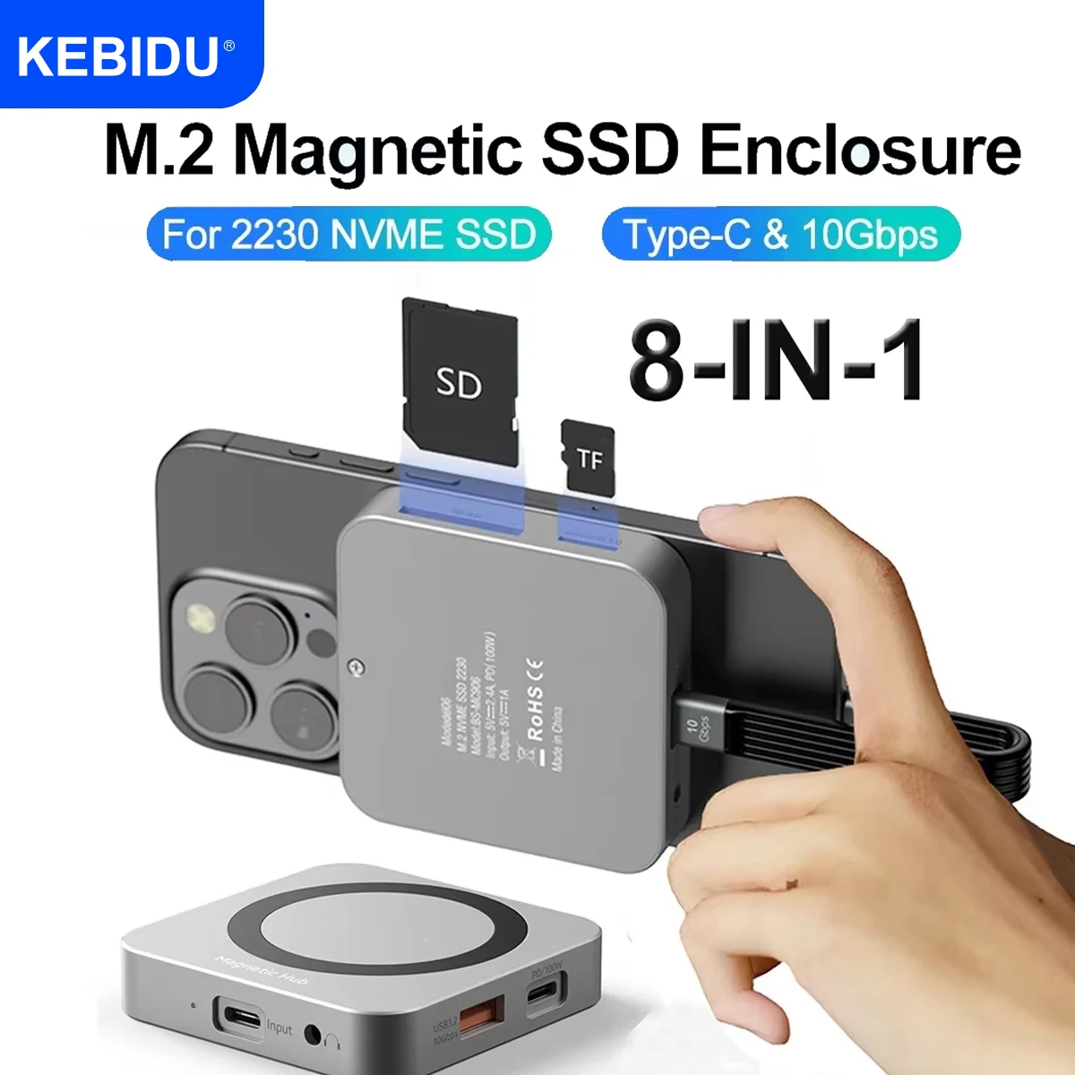 8-IN-1 Magnetic 2230 M.2 NVMe SSD Enclosure 10Gbps SSD Case USB C 3.2 Gen2 to NVMe PCI-E 100W Charger for iPhone15 Pro MacBook