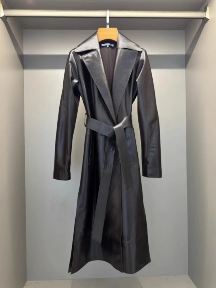 Italiaanse designer kantoor dames werk lange schapenvacht lederen trenchcoat elegante dames slim fit windjack met riem