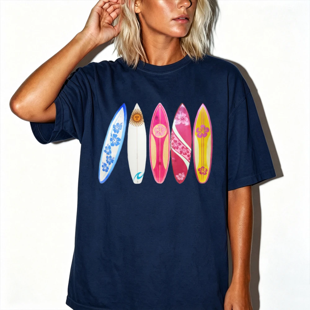 Colorful Vintage Surfboards Beach Graphic T Shirt Women Tropical Hawaii Surf Board Print Short Sleeve Summer Vacation Casual Top