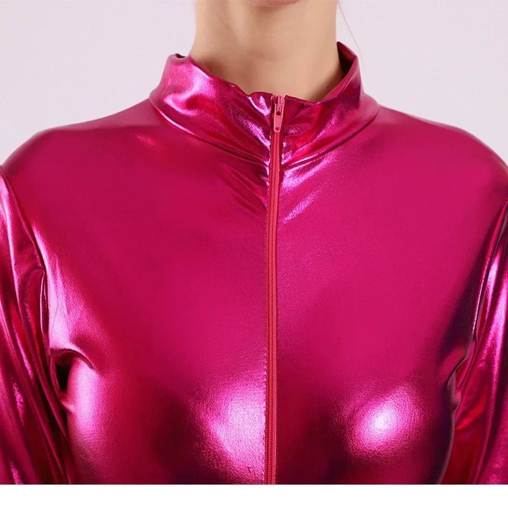 

Women Shiny Metallic Full Body Bodysuit Long Sleeve Mock Neck Ballet Jumpsuits Gymnastics Leotard Men Zentai Costumes