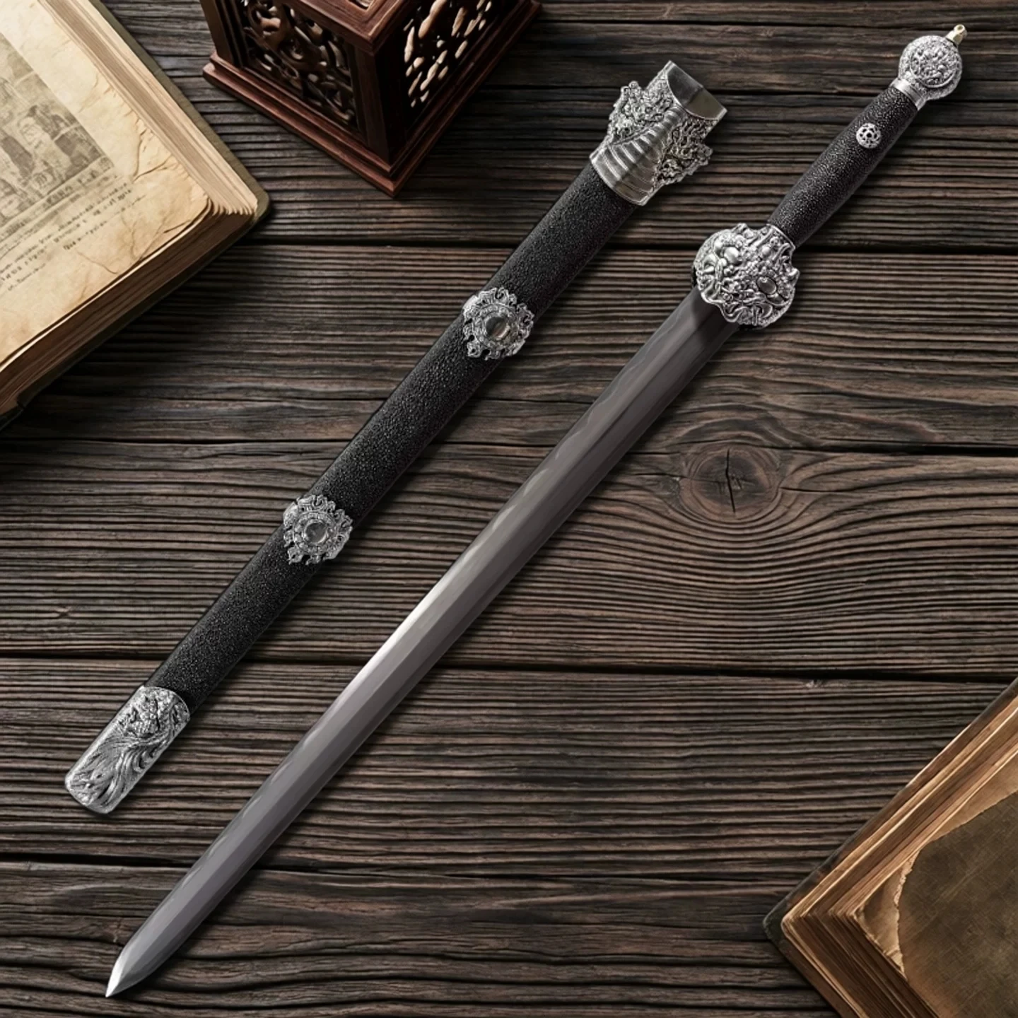 Wootz Clay Tempered Blade Premium Chinese Collectible Sword Dragon Carved Fittings Black Scabbard Collection Free Display Stand