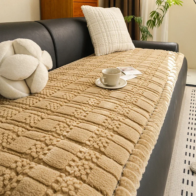 Autumn Winter New Sofa Cover Thickened Short Plush Non-slip Seat Cushion Leather Couch Protector Cover Solid Color Comfortable