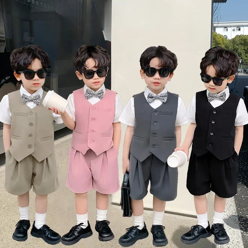 

Children Suit 2024 Summer Boys Birthday Costumes White Shirt Waistcoat Shorts 3-piece Handsome Toddler Performance Outfits Set