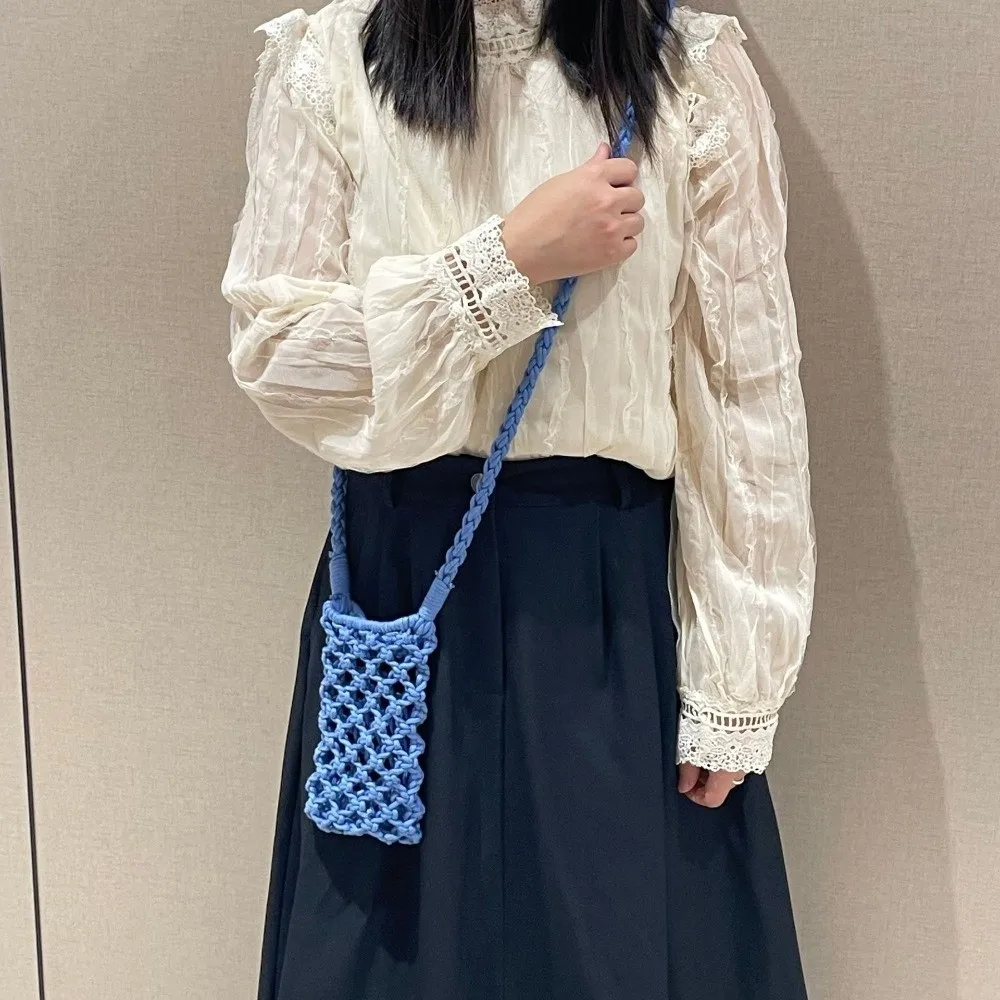 New Portable Crossbody Phone Bag Hollow-out Woven Solid Color Phone Purse Crochet Lightweight Handbag Gifts