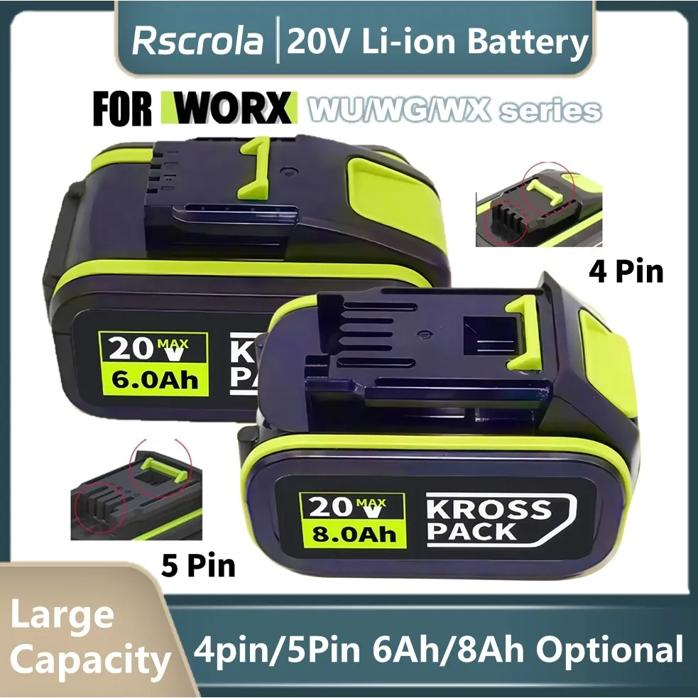 20V Battery for Worx Long-lasting 6Ah 8Ah Li-ion Battery for Worx Cordless Power Tools Compatible for WX921 WX693 WU175 WG779E