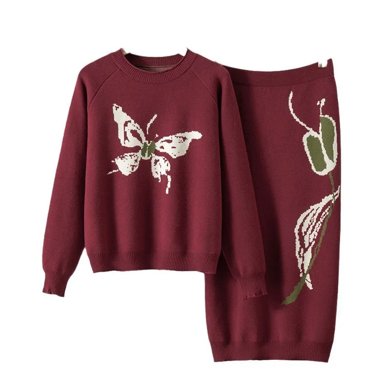 Fashion Women's Set Spring and Autumn New Chinese Style Butterfly Curled Edge Hoodie Knitted Half Skirt Two Piece Set