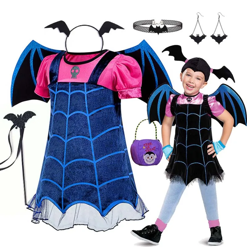 

New Classic Vampire Style Dress + Wings + Accessories Set for Girls Halloween Cosplay Vampire Cute Girl Short Sleeve Dress Set