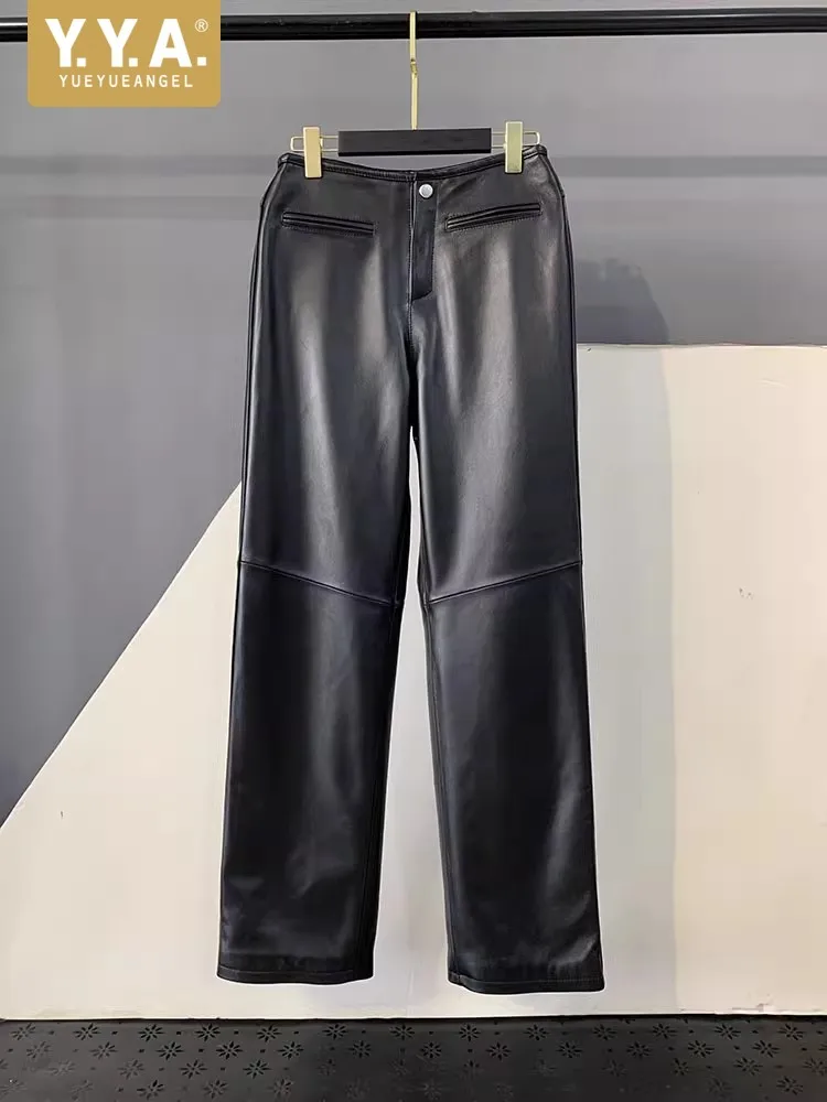 Women Autumn Vintage Sheepskin Genuine Leather Pants Office Ladies Work High Waist Slim Fit Straight Pants Streetwear Trousers