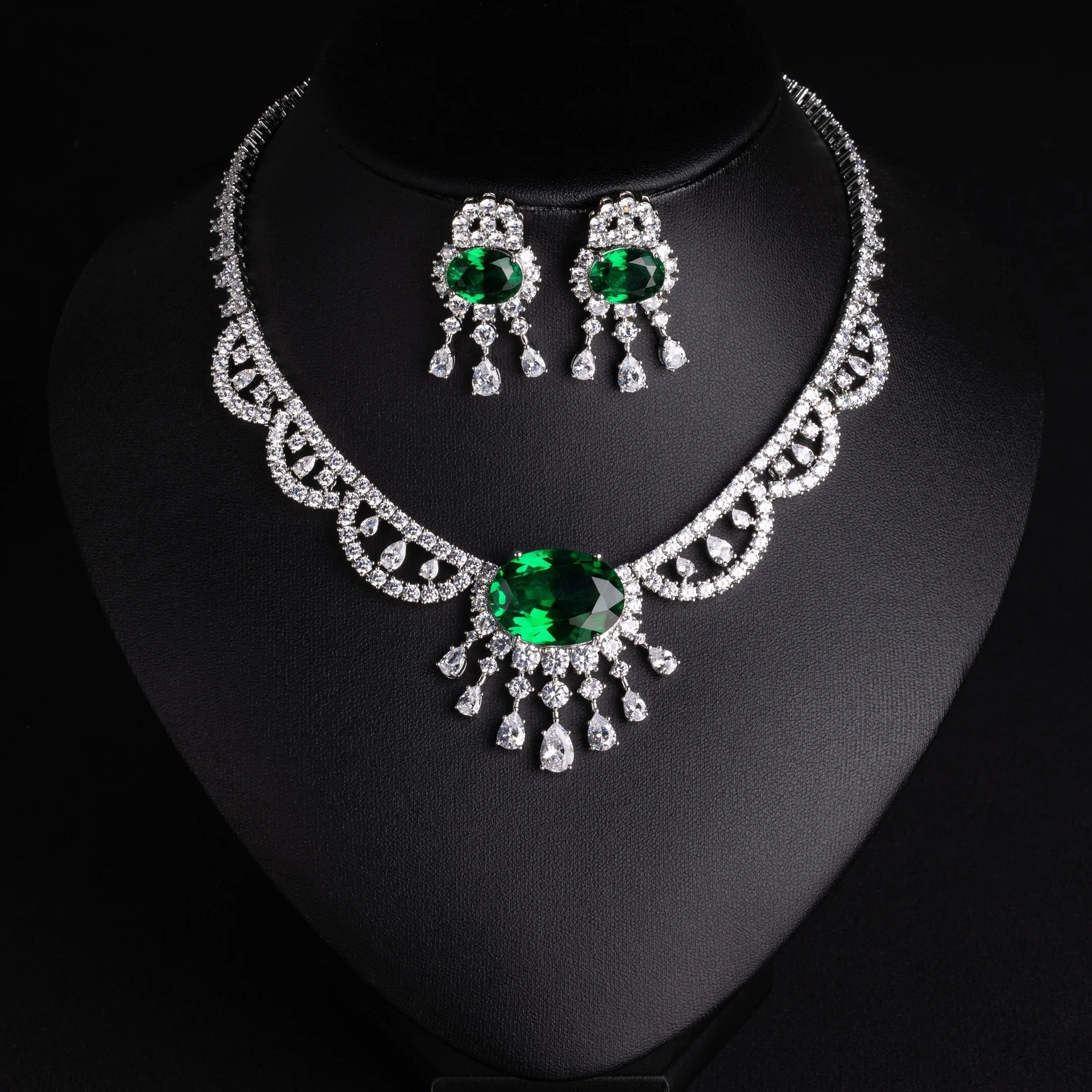 Chic Noble Socialite Hollow Geometric Multi-Color CZ Jewelry Set Luxury Women Wedding Cocktail Party Premium Present