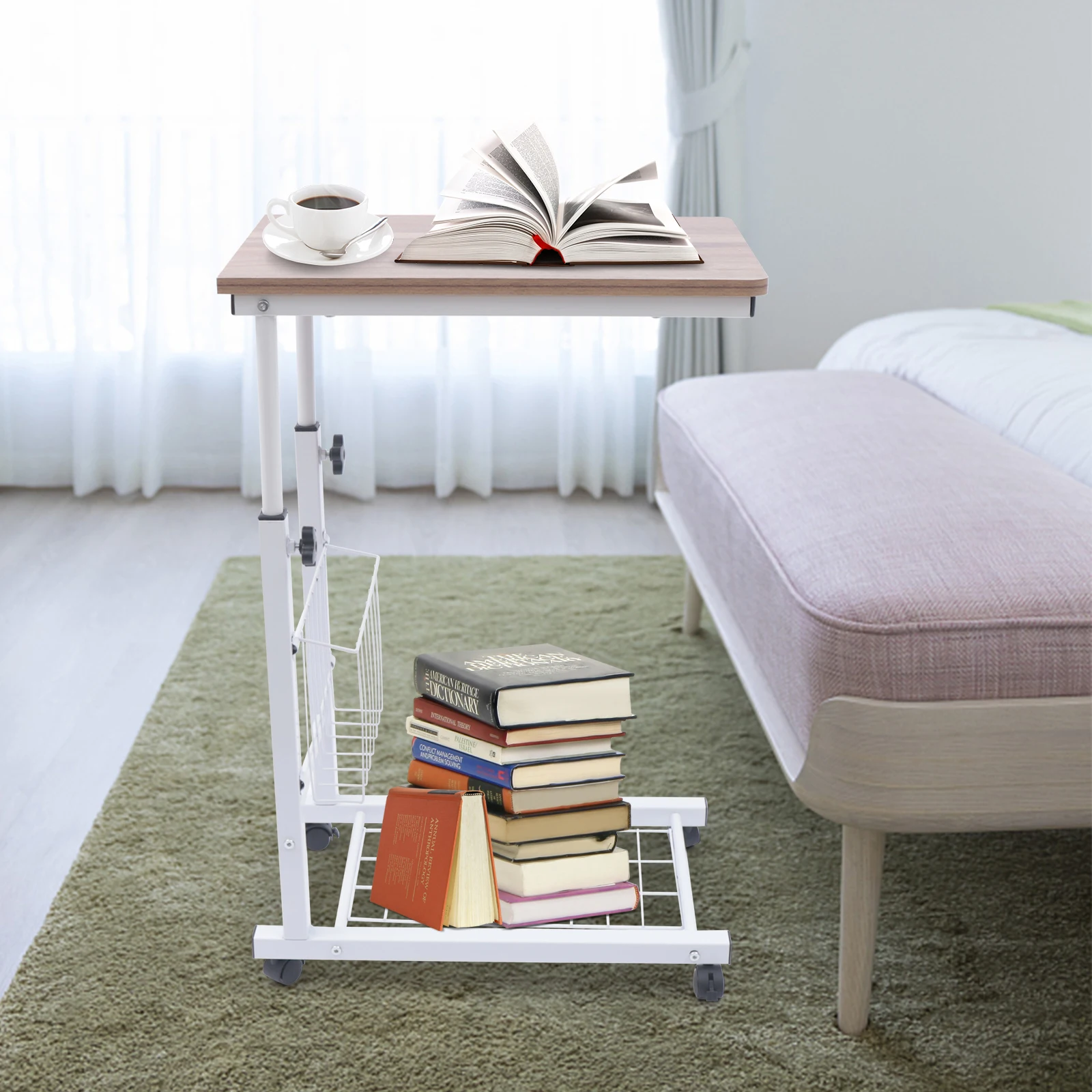 

Mobile Sofa Side Table, Oak Color Small End Table, Rolling Bedside Table, 30kg Load Capacity, Movable Snack Table