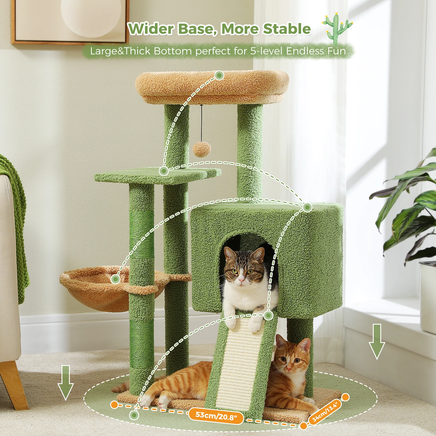 Cactus Cat Tree with Sisal Covered Scratching Post, Cozy Condo, Hammock, Multi-Level Cat Tower for Indoor Cats, Cat House Toys