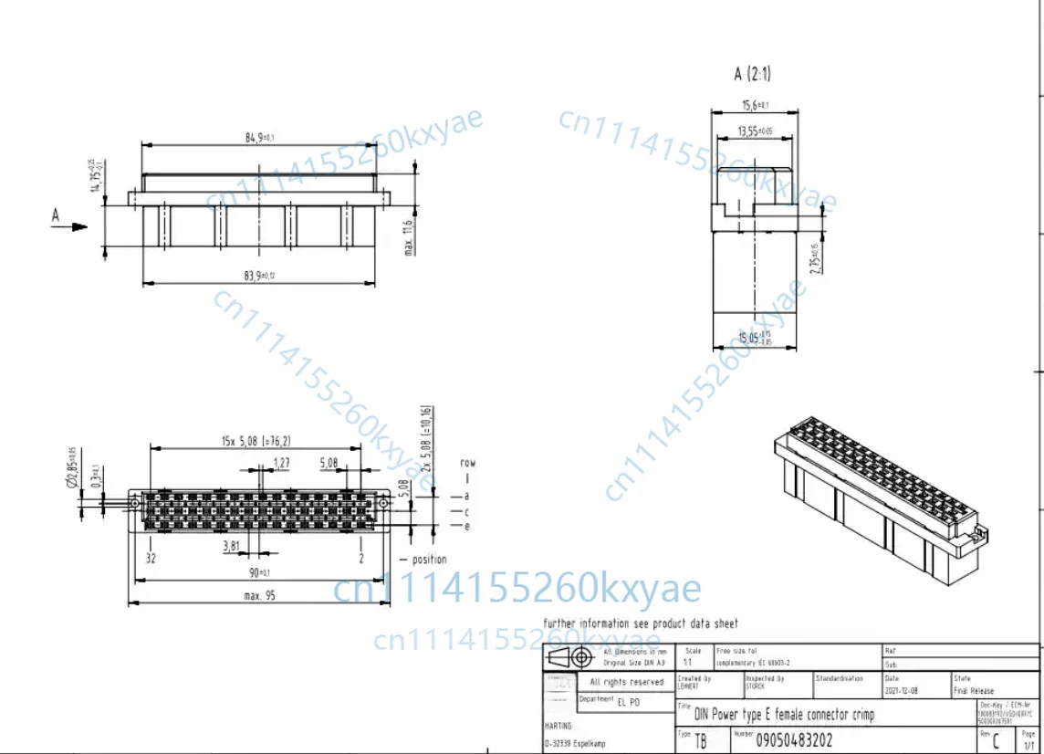 1pc 09050483202 3-row 48-pin female connector crimp pin din 41612 series accessories