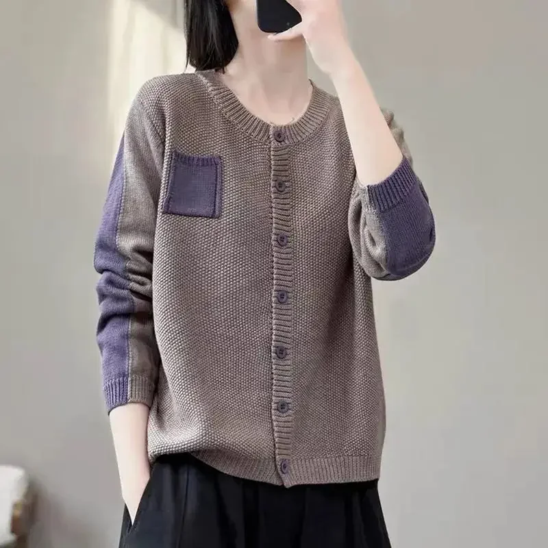 

Autumn/Winter New Sweaters Cardigan Coat Women's O-Neck Contrast Color Patchwork Button Fashion Long Sleeve Knitted Tops ZT313