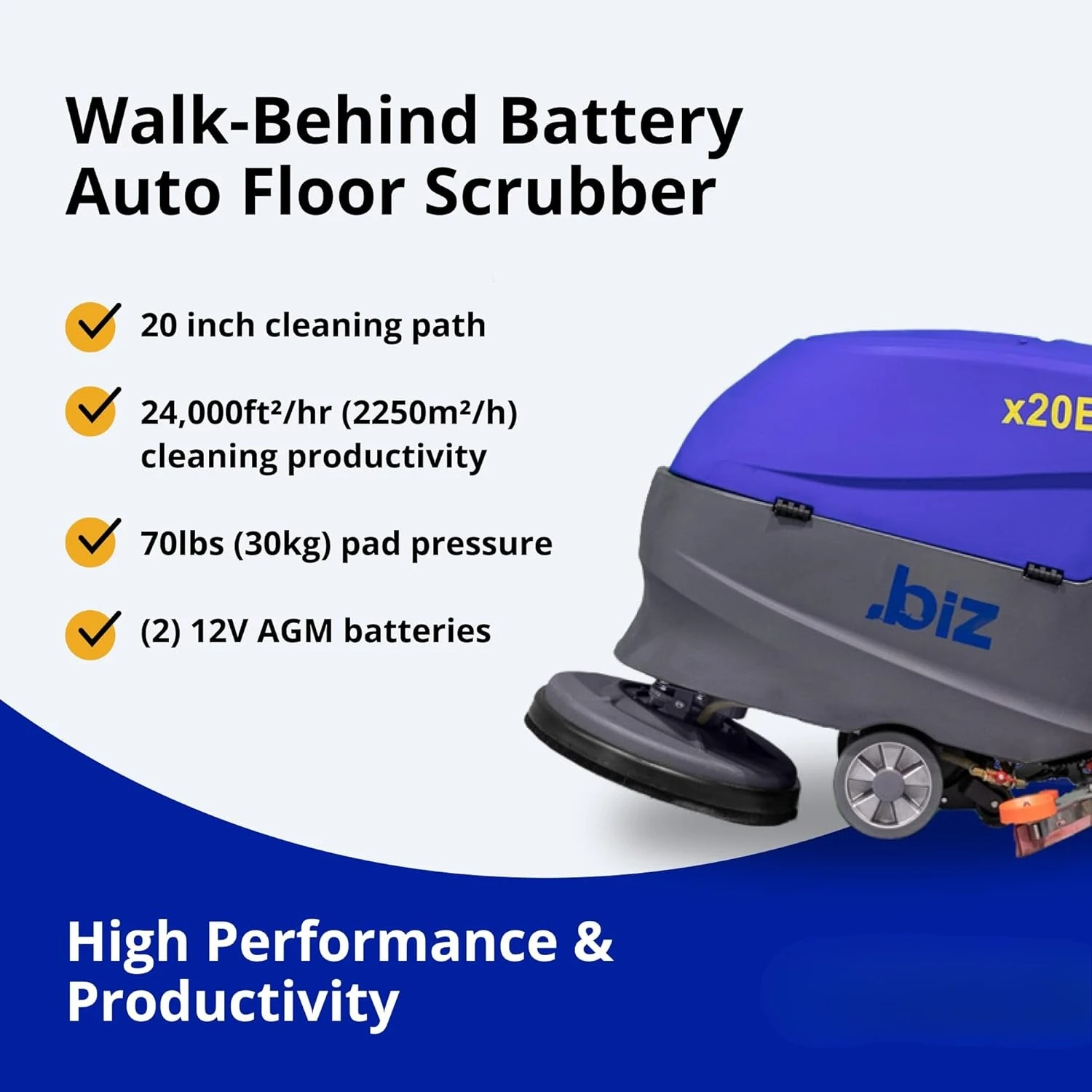 

Commercial Auto Floor Scrubber Machine - Walk-Behind, Battery-Powered - 20" Cleaning Path, 16-Gallon Tank -(x20B)