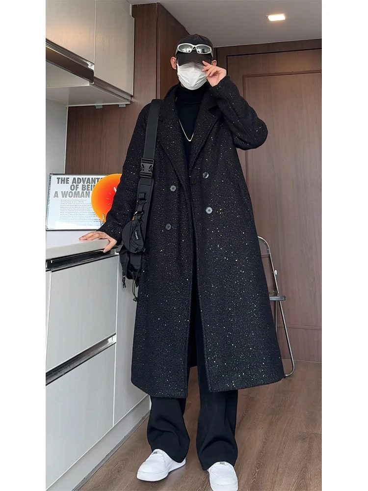 

Thiened Over-Knee Men's Woolen Coat Autumn Winter Mid-Length Casual Faion Double-Breasted Button up Coat Polyester Fiber