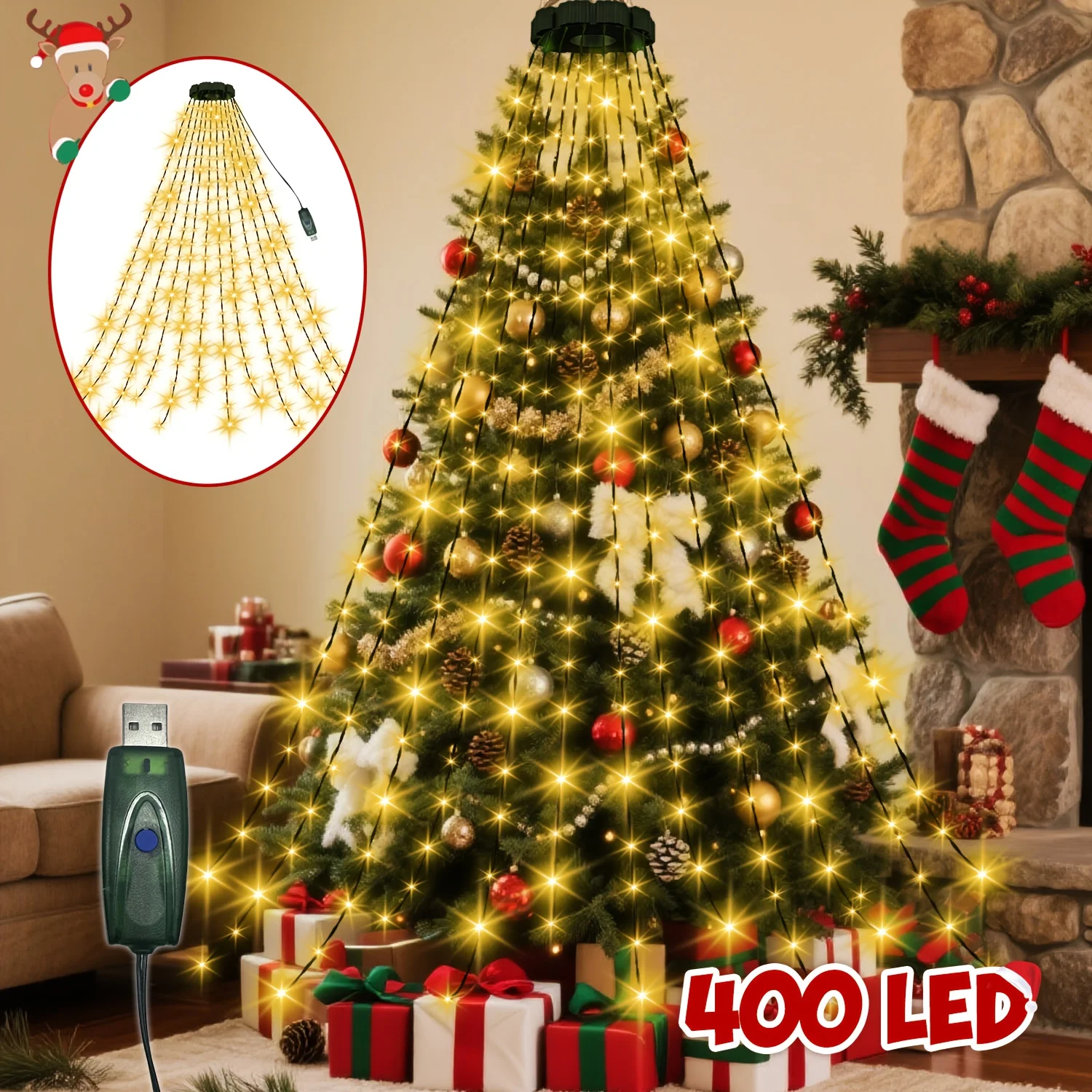 Christmas Tree Waterfall Lights-400/320High-Brightness LEDsUSB&Remote Control,8Lighting Modes Indoor/Outdoor Christmas TreeDeco