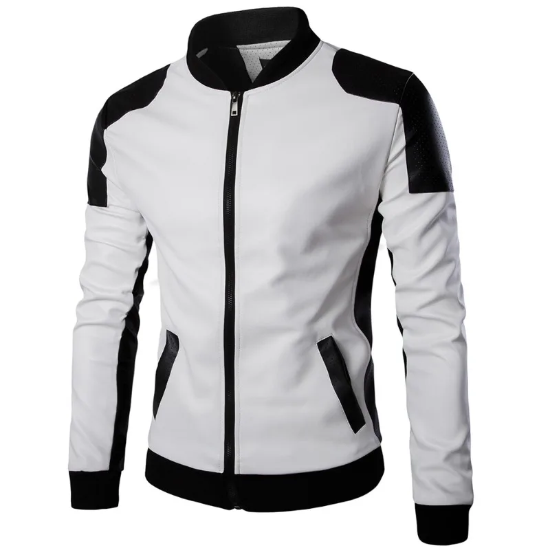 2024 New Men Stand Collar Coat Black White Color Matching Casual Leather Jacket Fashion Racing Clothing PU Leather Jacket 5XL-M