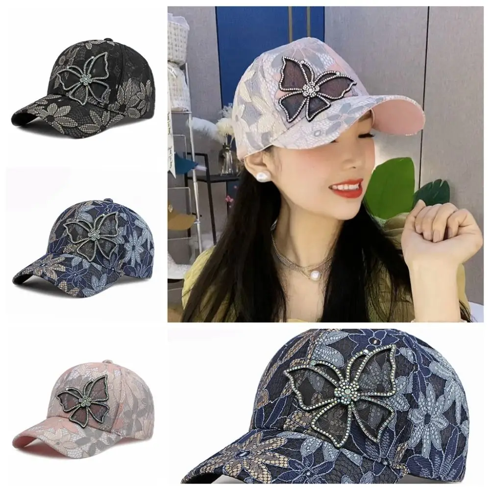 Rhinestone Lace Embroidery Hat Bow Netting Ball Caps with Rhinestones Ventilate Sun Protection Cap Flower Rhinestones Summer