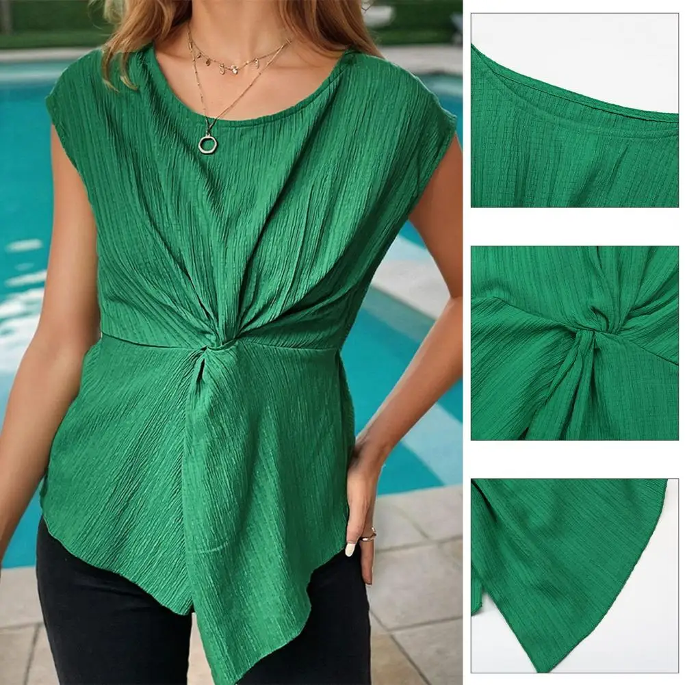 Camisa elegante con nudo retorcido para mujer, Top de manga corta con cuello redondo, Color sólido, Top holgado para primavera y verano