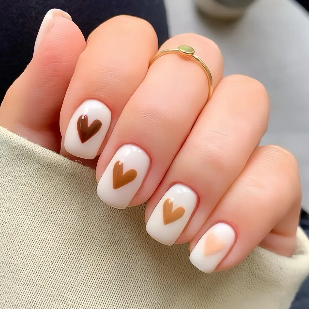 

Short Square fake Nails for women girls French Style White Red Yellow Heart Design press on False nails art set