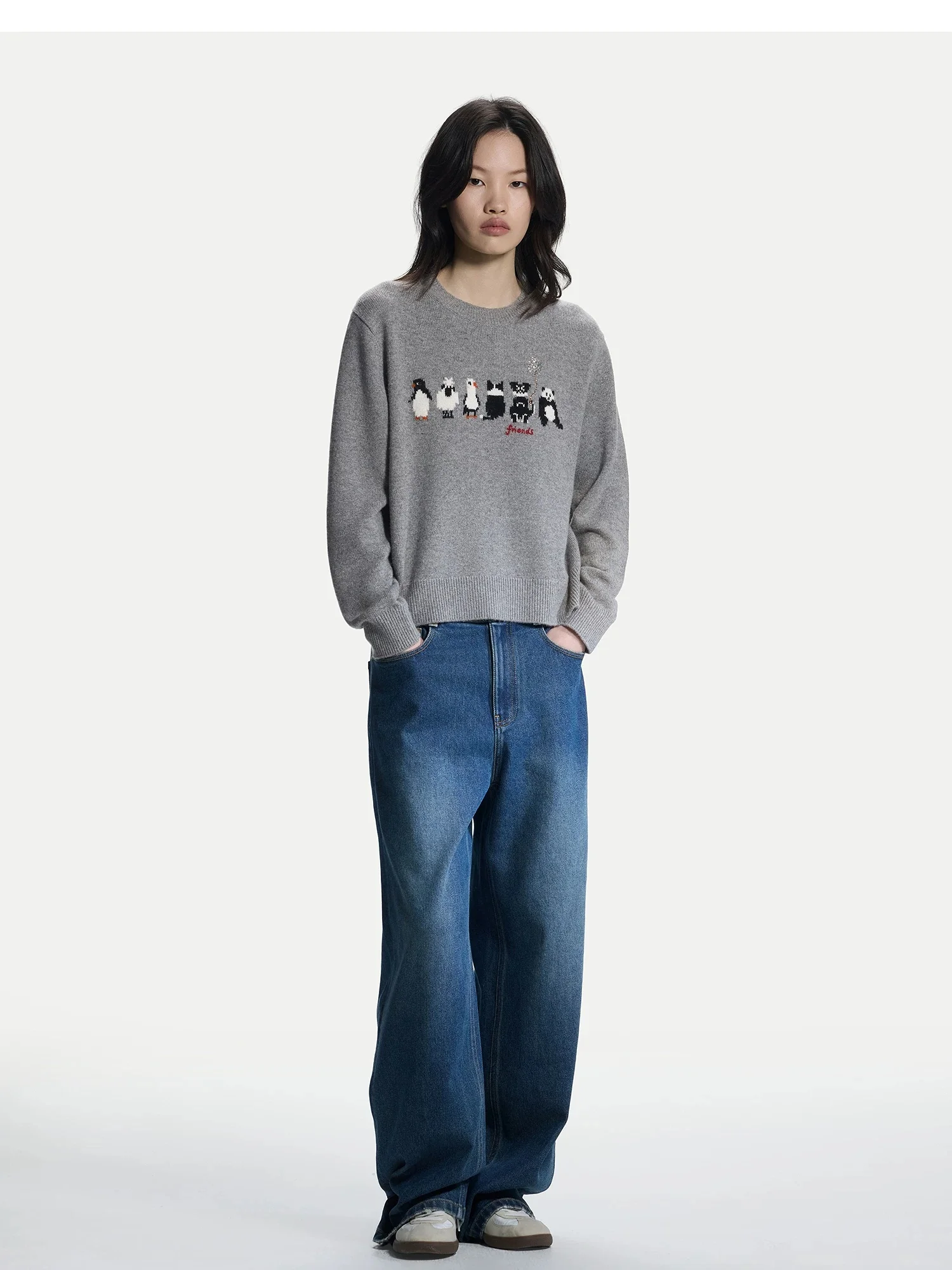 Women Cashmere Cartoon Animal Jacquard Knitted Cardigan, Round Neck Sweater Outerwear