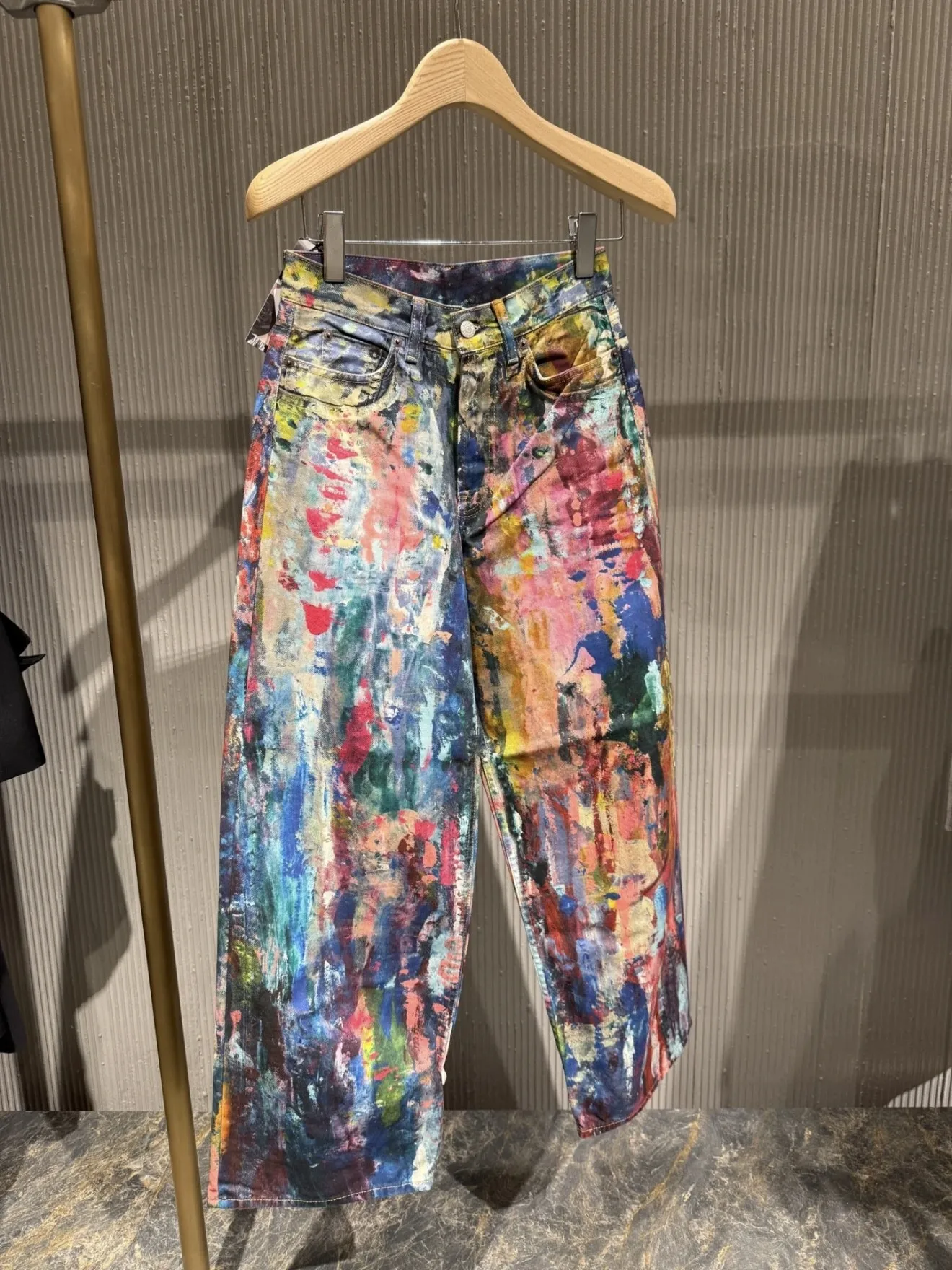 

Classic 98 Optical Illusion Print Canvas Denim Pants Women's Loose Fit l Waist Cotton Trousers Rainbow Pattern