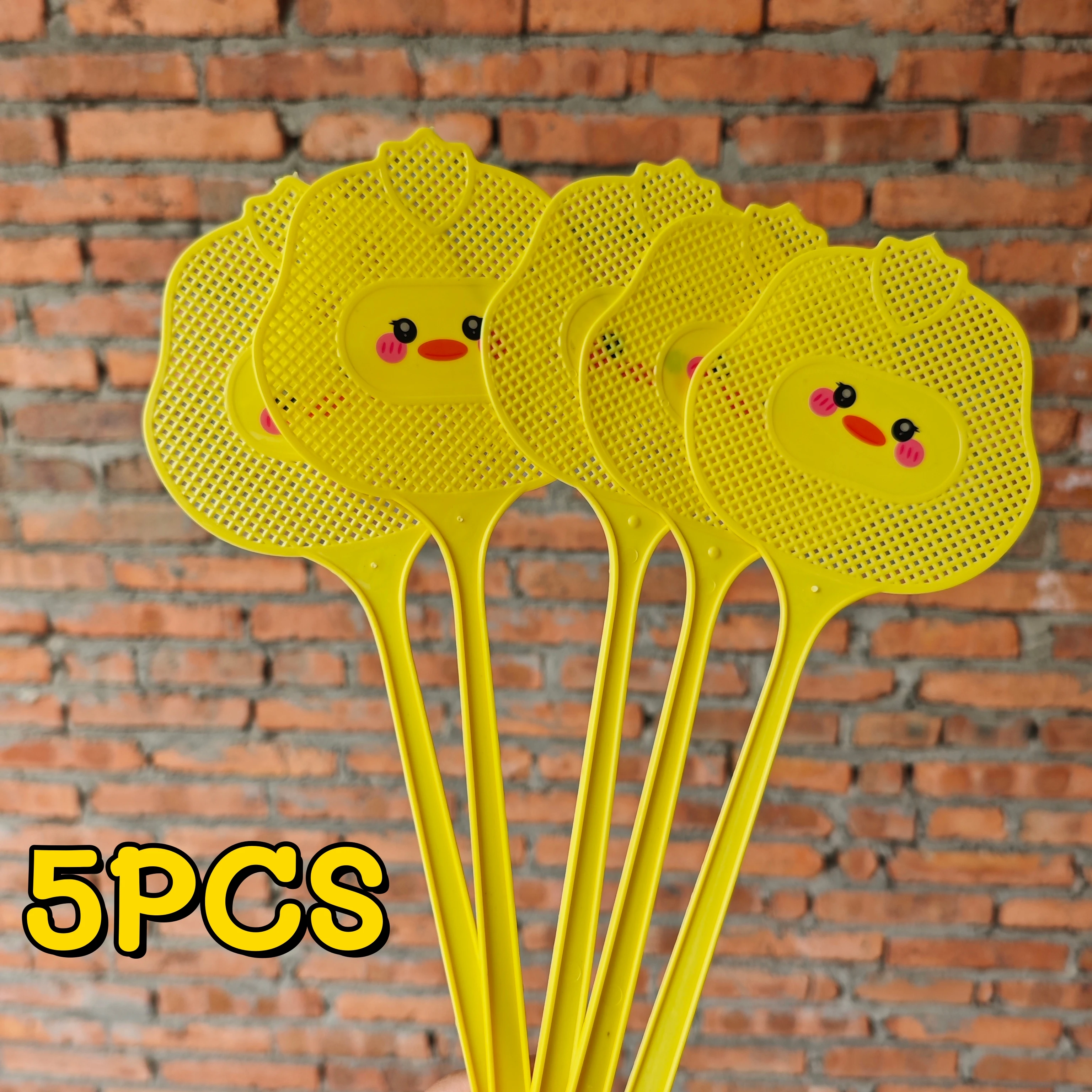 5 Cartoon-Fliegenklatsche mit verlängertem Griffdesign, geeignet für den Außeneinsatz in Gärten, langlebige Mückenklatsche zur Mückenbekämpfung, leichtes und vielseitiges Design.