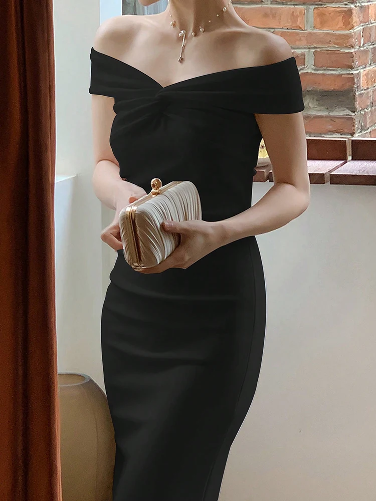 

Summer Women's Evening Dress Off The Shoulder Solid Color Maxi Long Dresses Slim Fit Elegant Party Dresses 2025 Woman Clothing