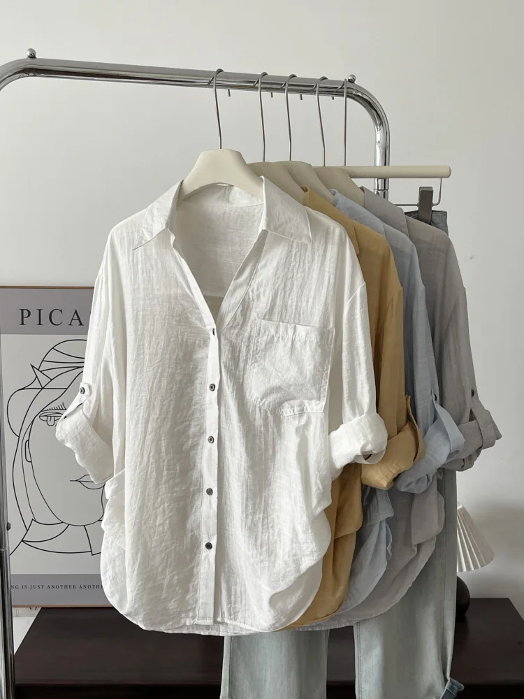 

French Summer Women Simple Shirt Casual Fashionable Loose Solid Color Lazy Pleated V-neck Long Sleeved Sun Protection Jackets