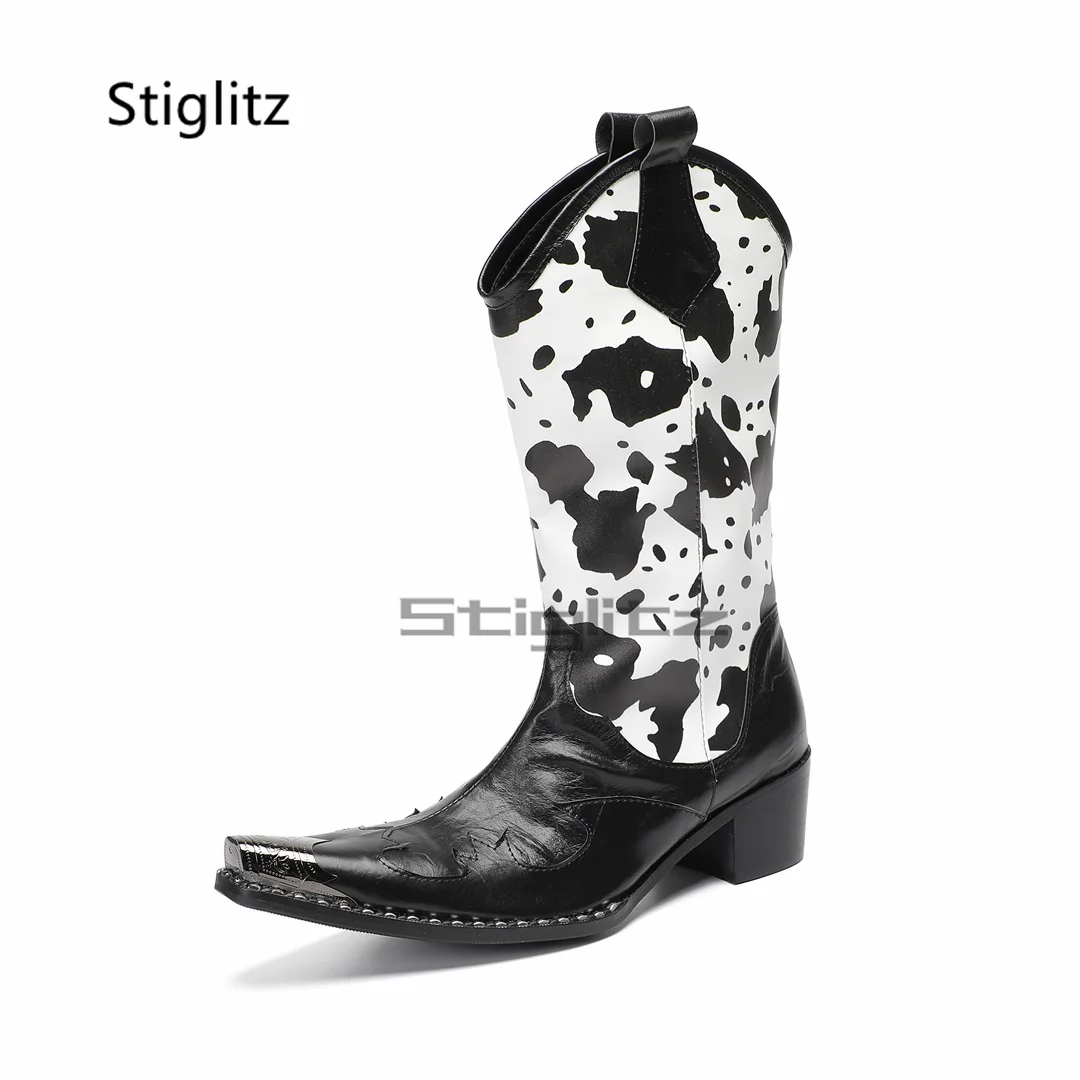 

Men's Cow Pattern Riding Boots Metal Toe Western Cowboy Boots Totem High Heels Genuine Leather Patckwork Knight Boots Male Shoes