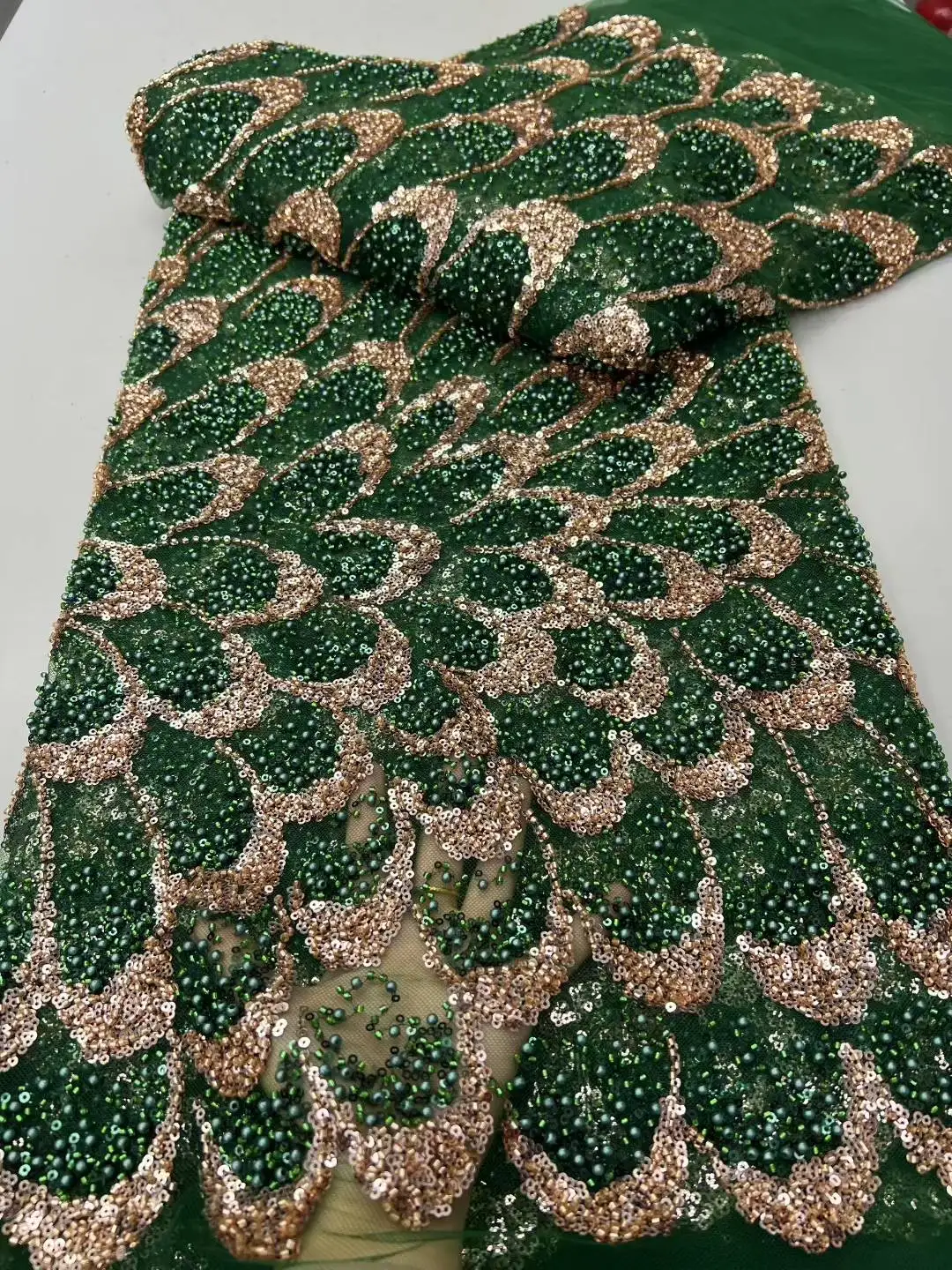 2025 คุณภาพสูงมาใหม่ลูกปัดแอฟริกันทําด้วยมือลูกปัดผ้าลูกไม้ไนจีเรียSequinsลูกปัดผ้าลูกไม้ผู้หญิงชุดแต่งงาน