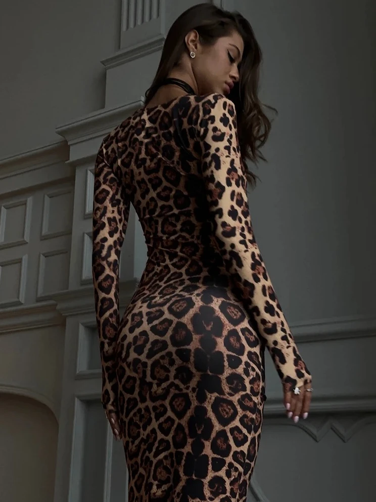 Robe moulante à imprimé léopard pour femmes, robe fourreau à manches longues et col rond pour Club, tenue Sexy Slim Fit