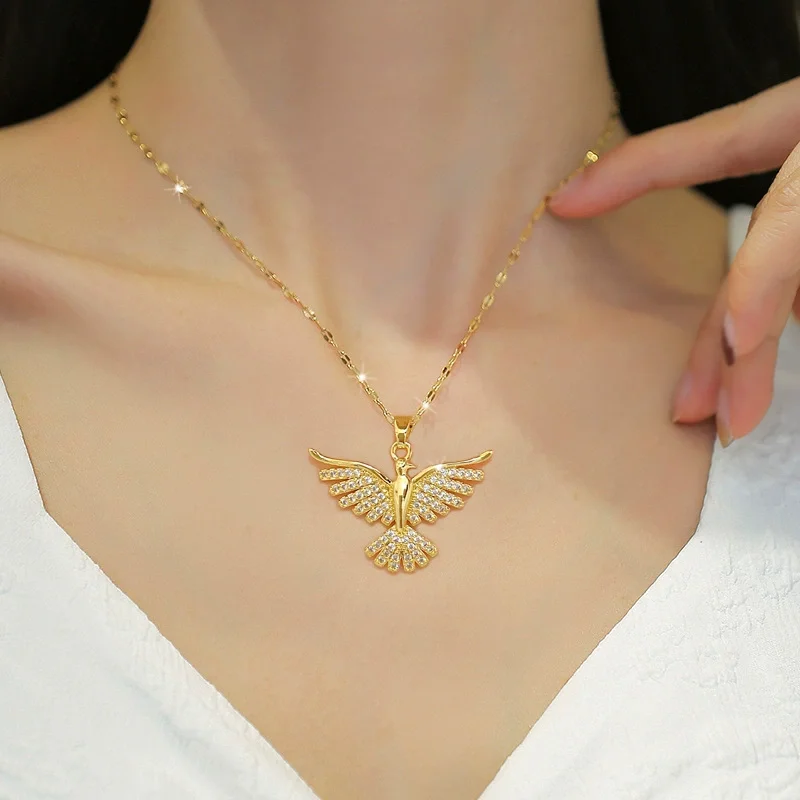 Titanium steel phoenix spreading wings full of diamonds necklace for women, hot selling, fashionable and elegant style
