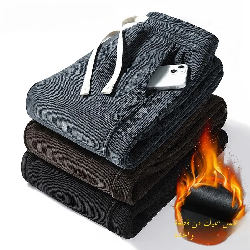 

Thiened Fce, осенне-зимние вельветовые мужские повседневные брюки, теплые длинные брюки для папы среднего возраста, спортивные штаны с манжетами, молодежный тренд