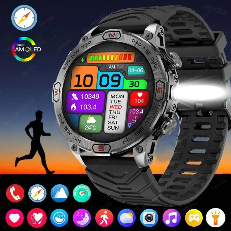 Fashion Smart Watch Flashlight Outdoor Compass 1ATM Waterproof Watch Smart HD Bluetooth Call GPS Track Sport Smartwatch 2024 New