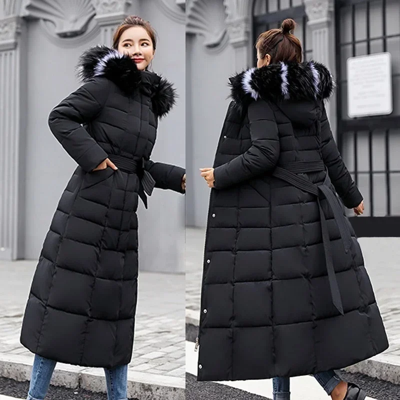 2025 New Fashion Women Winter Warm Bow Belt Fox Fur Collar Long Down Coat Women Outside Long Dress Thick Down Jacket
