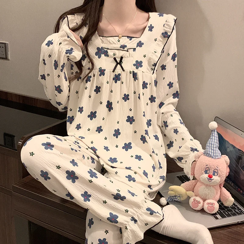 Pajamas Women Spring Autumn Wrinkled Pure Cotton Long sleeve 2023 New Summer Stripe Sweet Princess Set Home Wear