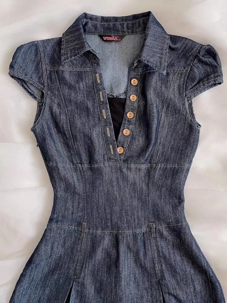 

Denim Dress Slim Y2k Short Sleeve Button Goth Vintage Streetwear Fashion Aesthetics Harajuku Short Dresses Mini Skirt Punk 2000s