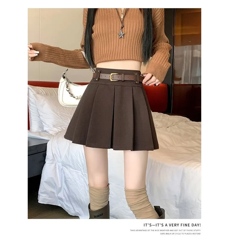 ウールプリーツスカート 秋冬2025新作 ハイウエストAラインスカート スクールスタイル万能ショートスカート