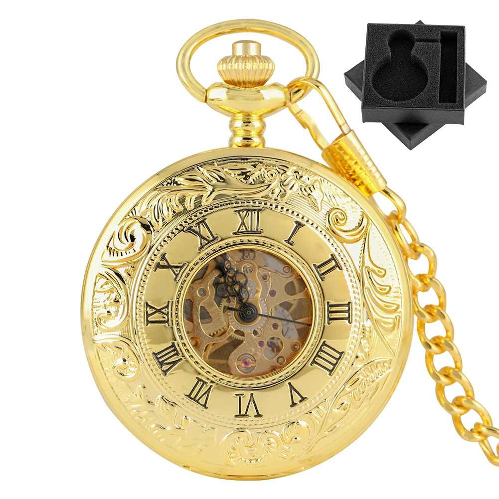 

Classic Retro Roman Numerals Display Mechanical Hand Winding Pocket Watch Golden Pocket Chain Pendant Clock Vintage Gift Male