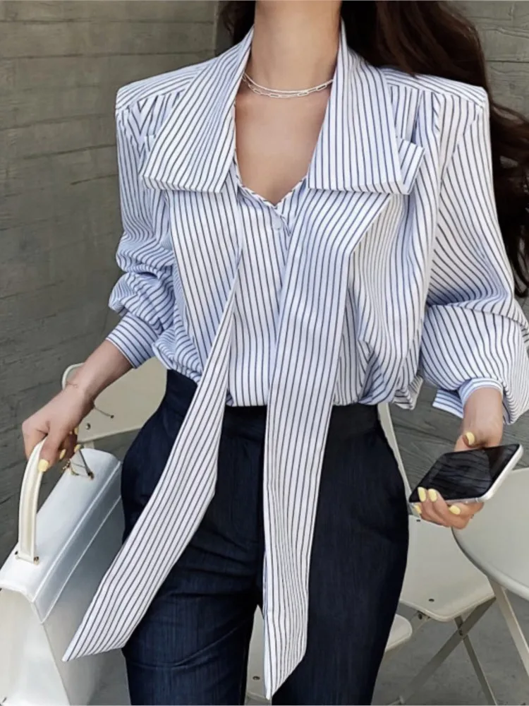 Women Elegant Casual Stripe Long Sleeve Shirts Spring Vintage Chic Party Birthday Clothes Female Business Formal Blouses Tops