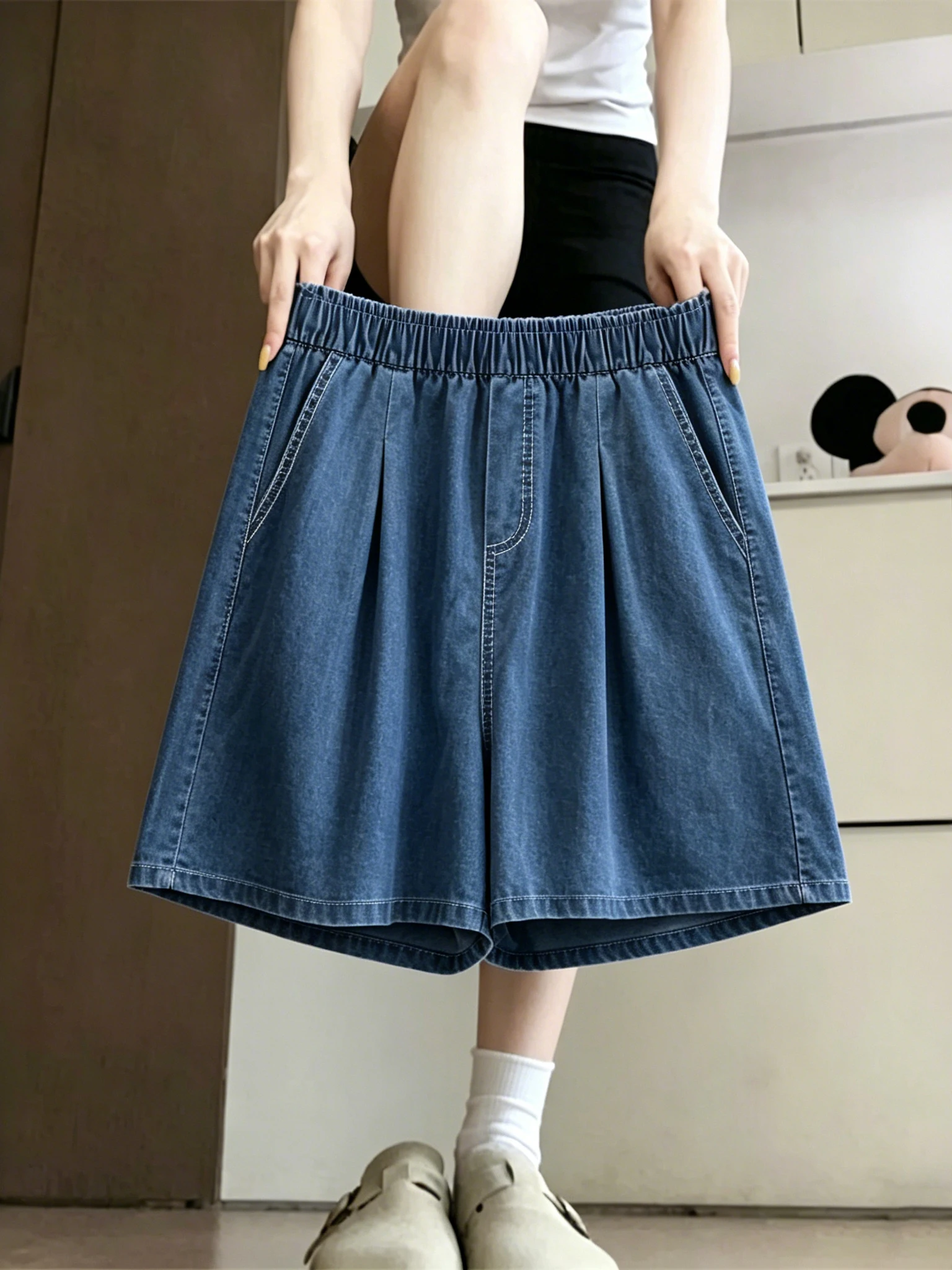 

Retro Blue Washed Denim Shorts Women's High Waist Slim Elastic Waist Wide Leg A-Line Pants Thin Hot Pants Summer New Style