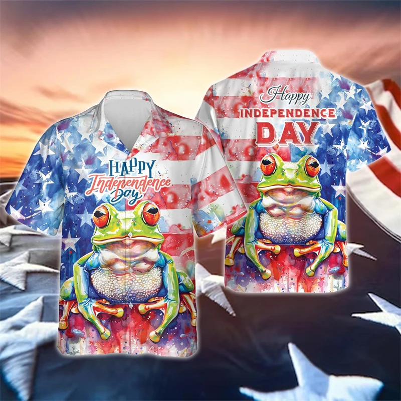 Cute Animal American Happy Independence Day Graphic Shirts For Men Clothes Fashion US Flag Lapel Blouse USA Patriotic Button Top