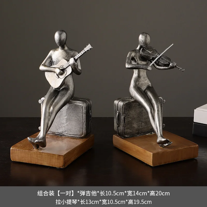 20cm Metal Bookend Abstract Violin Player Figurine Statue Vintage Fake Book Sculpture Bookshelf TV Cabinet Home Decor Gift