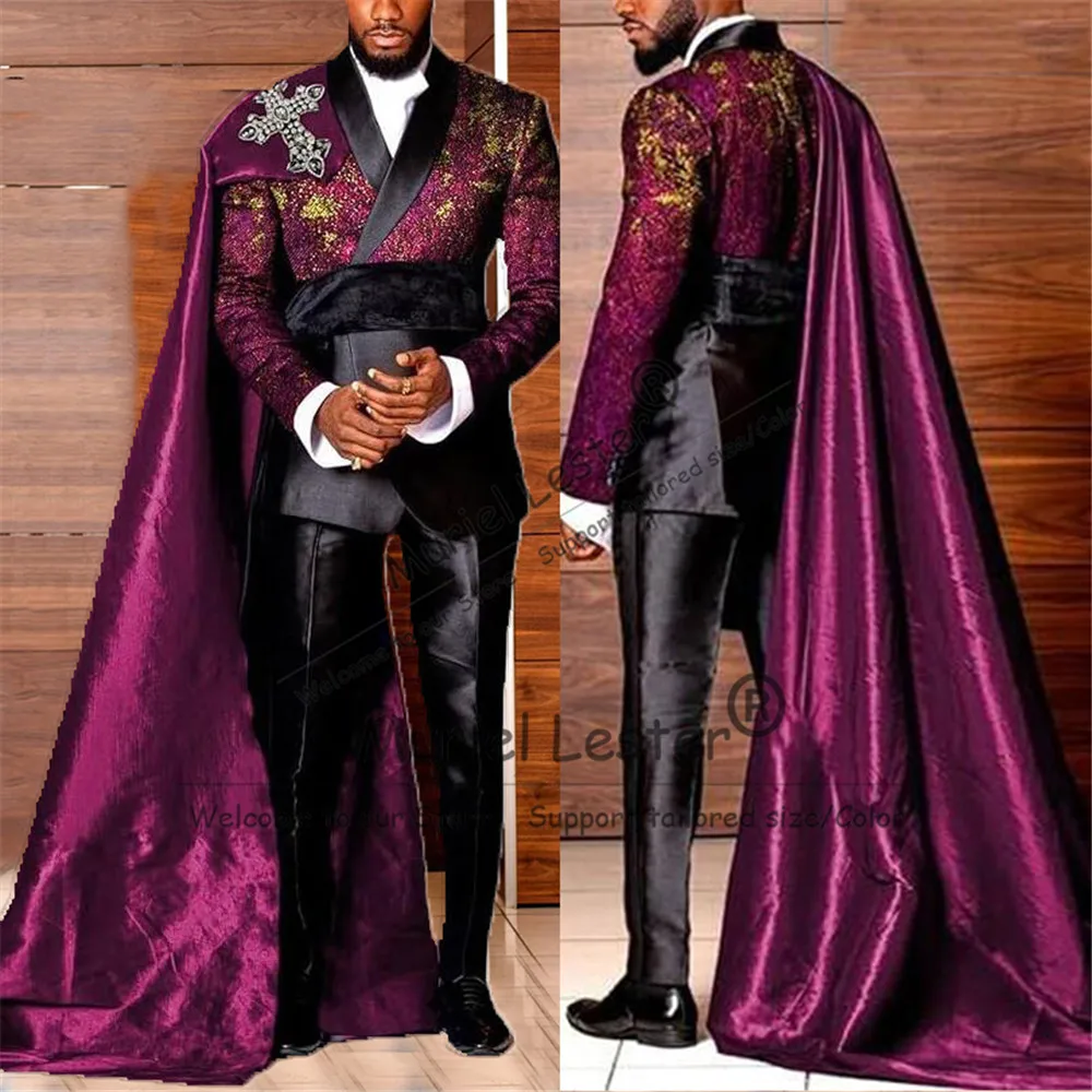 Attractive Groom Tuxedo Suit Set For Wedding Floral Jacquard Men's Prom Blazer With Cape Long Customized 2 Piece Costumes Hommes
